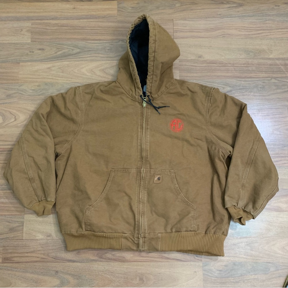 Carhartt Quilted Flannel Lined Work Jacket Hooded Full Zip Men’s 2XL XXL Brown